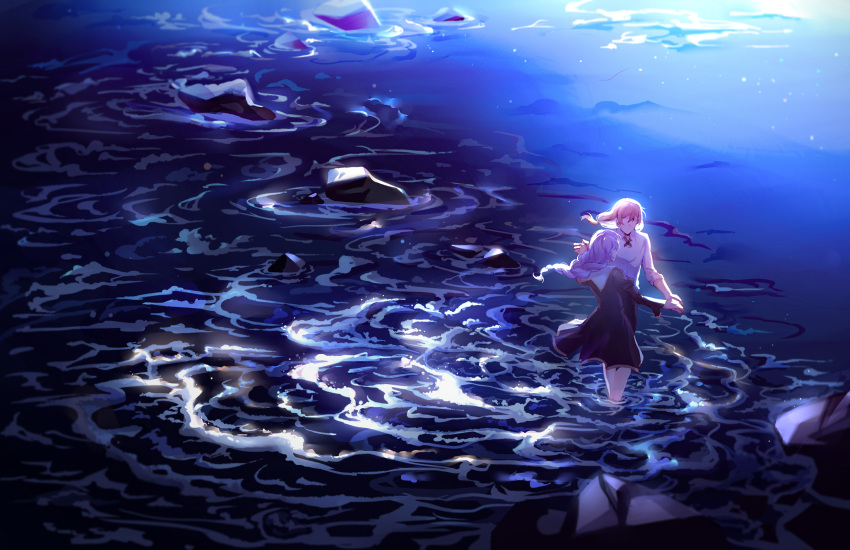 1boy, 1girl, absurdres, bangs, black_dress, blonde_hair, dress, full_body