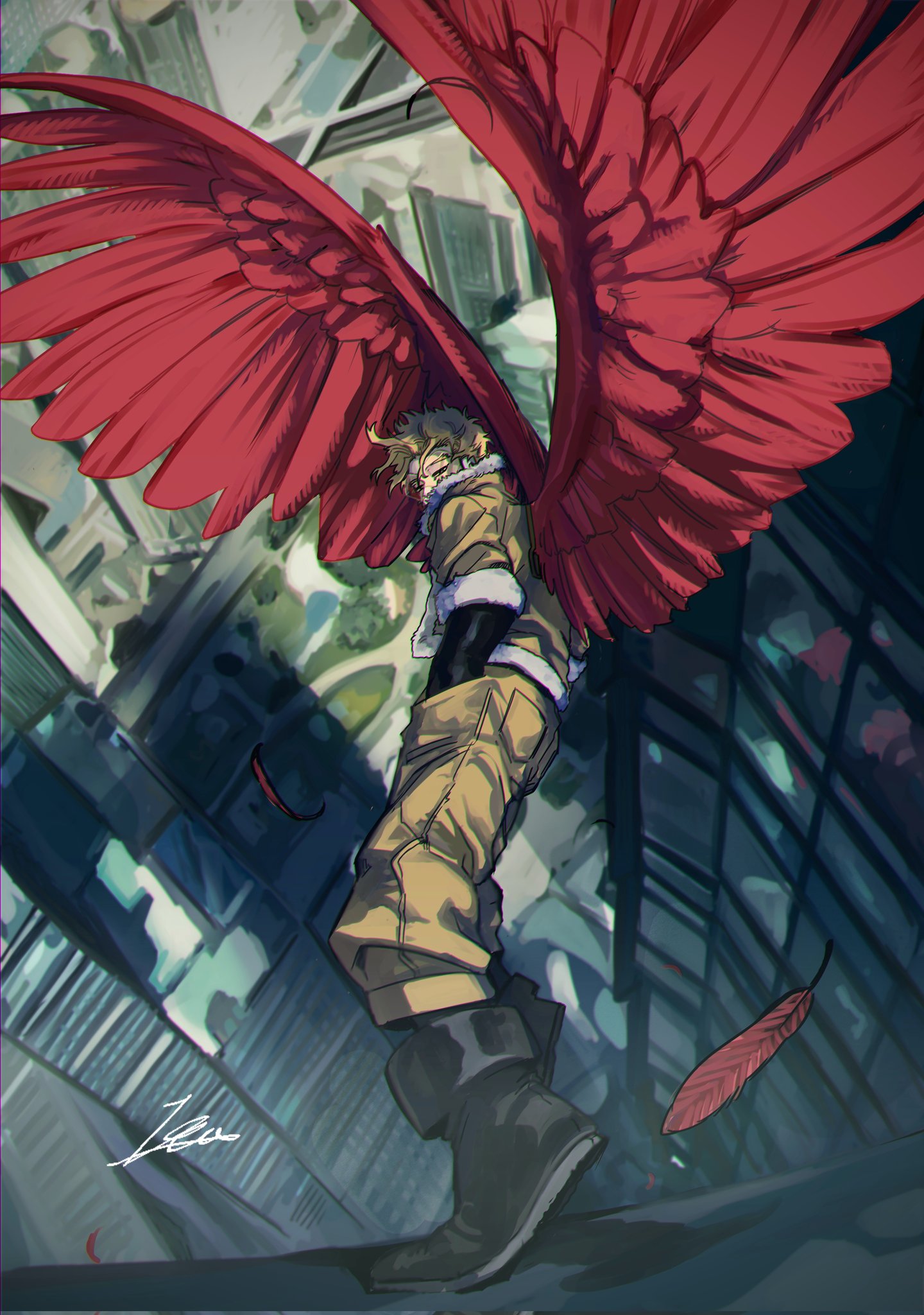 1boy, black_gloves, blonde_hair, boku_no_hero_academia, boots, building, day, feathered_wings