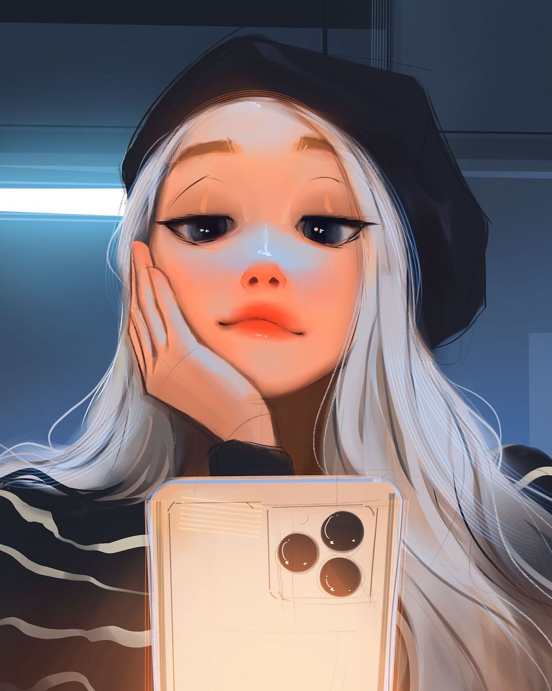 1girl, black_headwear, blue_eyes, closed_mouth, hand_on_own_face, hat, highres, holding