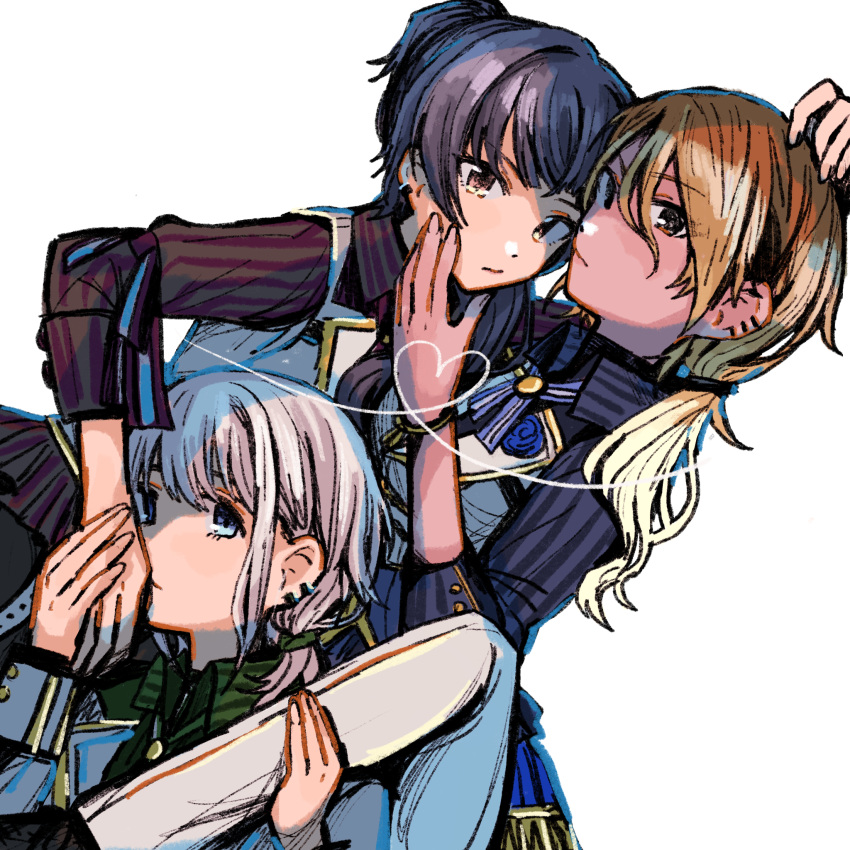 3girls, ascot, black_hair, blonde_hair, blue_eyes, boutonniere, brown_eyes, brown_hair