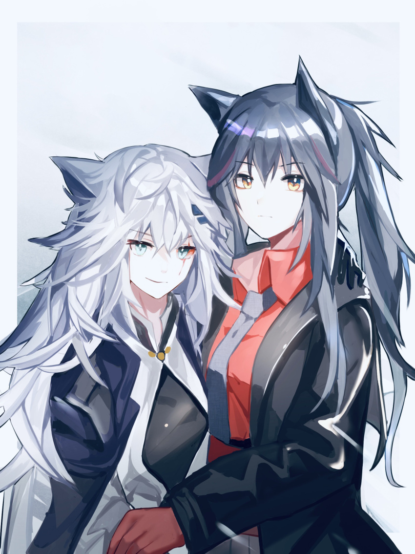 2girls, arknights, arm_around_shoulder, black_gloves, black_hair, black_jacket, blue_eyes, collared_shirt