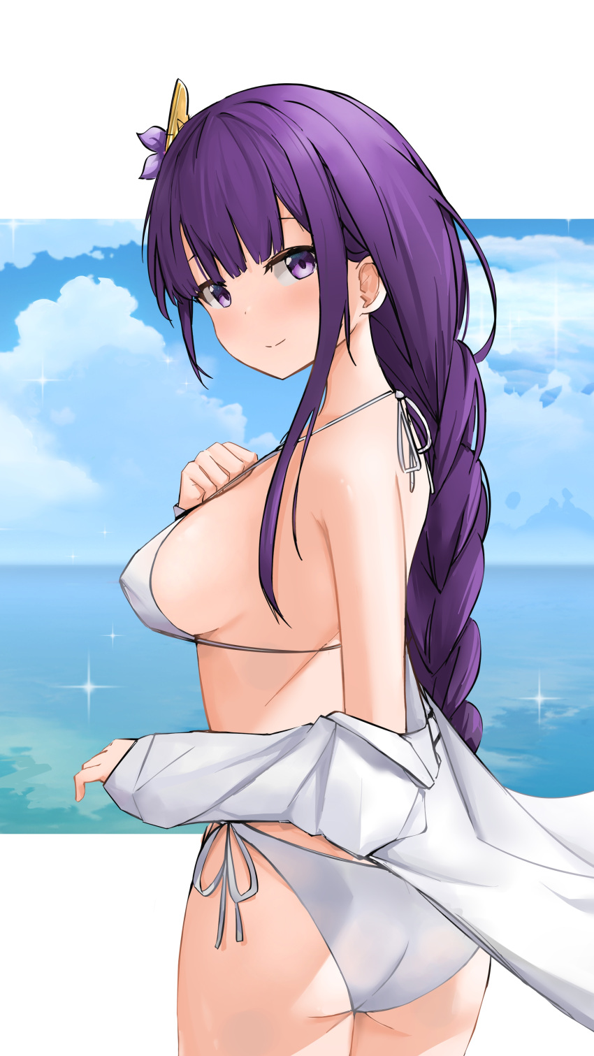 1girl, absurdres, alternate_costume, ass, bikini, blue_sky, braid, braided_ponytail