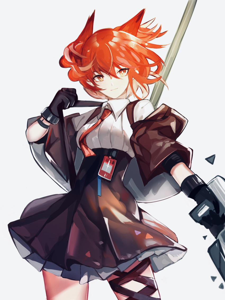 1girl, animal_ears, arknights, bird_ears, black_gloves, black_jacket, black_skirt, collared_shirt, cowboy_shot, cropped_jacket, dumenggu, eyebrows_visible_through_hair, fiammetta_(arknights), gloves, gun, hair_between_eyes, highres, holding, holding_gun, holding_weapon, id_card, jacket, looking_at_viewer, necktie, open_clothes, open_jacket, red_eyes, red_necktie, redhead, shirt, short_hair, shoulder_strap, simple_background, skirt, smile, solo, thigh_strap, twintails, two_side_up, weapon, white_background, white_shirt
