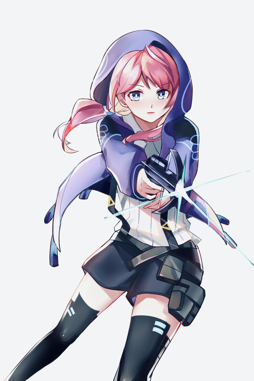 1girl, absurdres, arknights, black_legwear, black_shorts, blue_eyes, blue_jacket, blue_poison_(arknights)