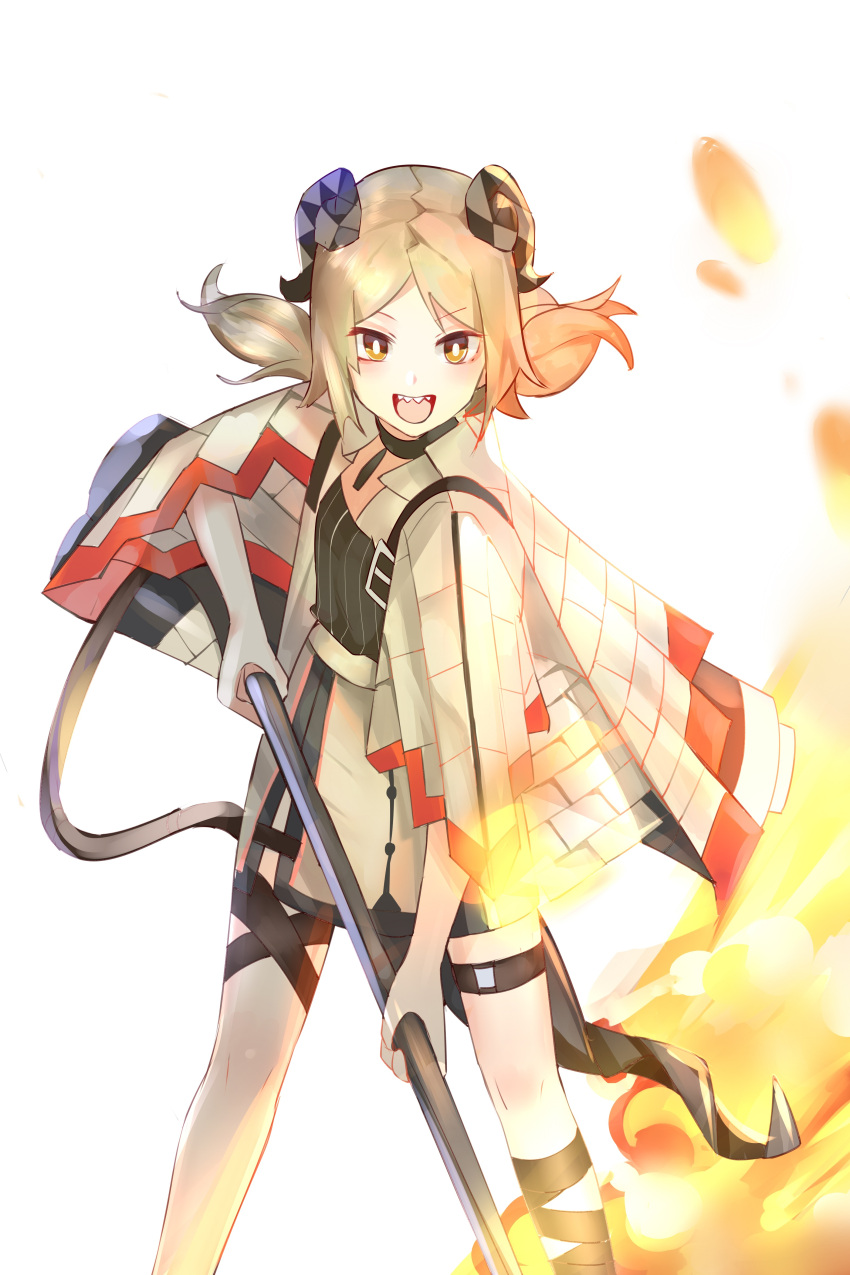 1girl, absurdres, arknights, black_choker, black_shirt, blonde_hair, choker, coat, demon_girl, demon_horns, demon_tail, dumenggu, feet_out_of_frame, fire, flamethrower, gun, highres, holding, holding_gun, holding_weapon, horns, ifrit_(arknights), looking_at_viewer, open_mouth, sharp_teeth, shirt, short_hair, short_twintails, skirt, solo, tail, teeth, thigh_strap, twintails, v-shaped_eyebrows, weapon, white_background, white_coat, white_skirt, yellow_eyes