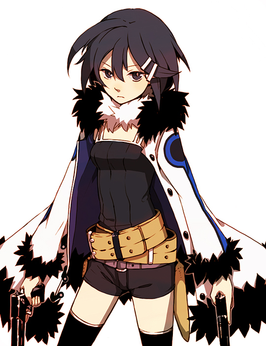 asagi_(nippon_ichi), belt, beltskirt, black_hair, canary000, disgaea, dual_wielding, fur_coat, gloves, gun, hair_ornament, hairclip, nippon_ichi, shorts, thigh-highs, thighhighs, weapon