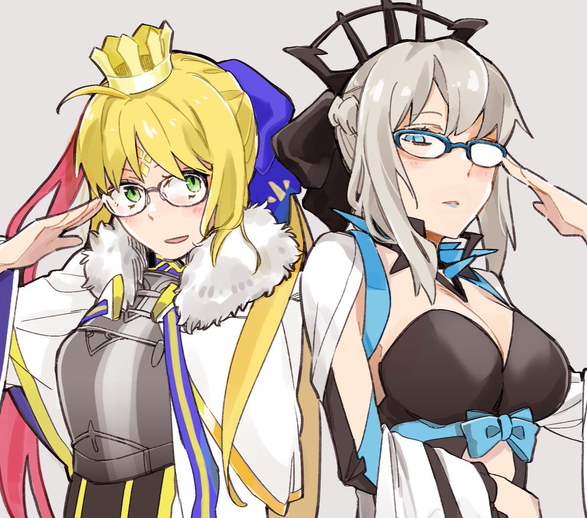 2girls, adjusting_eyewear, artoria_pendragon_(caster)_(fate), artoria_pendragon_(fate), bespectacled, black_bow, blonde_hair, blue_lips