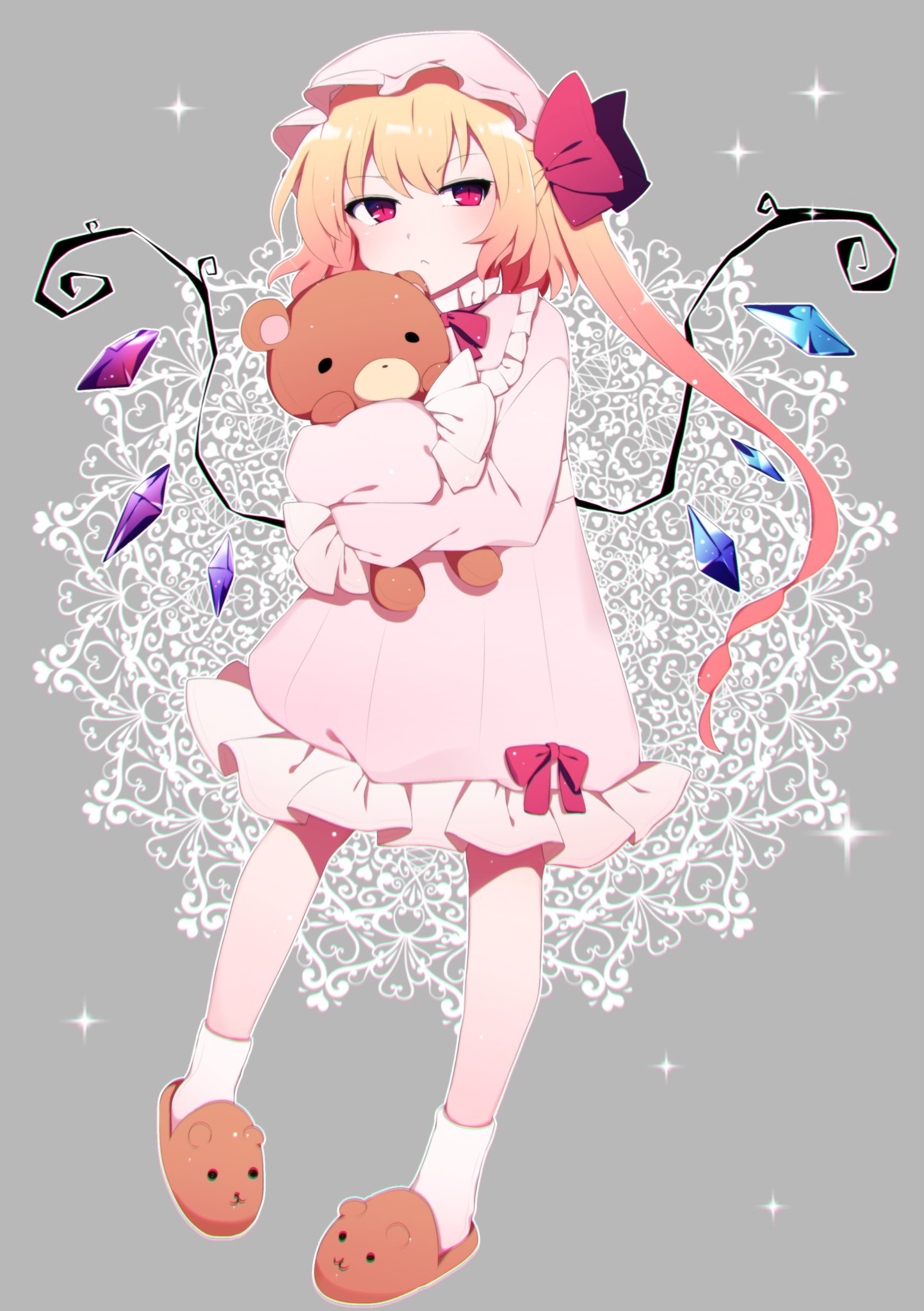 1girl, :<, animal_slippers, bangs, bear_slippers, blonde_hair, bow, crystal