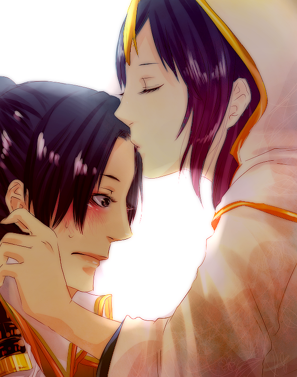aya_gozen, black_hair, blush, brown_eyes, closed_eyes, female, forehead_kiss, hood