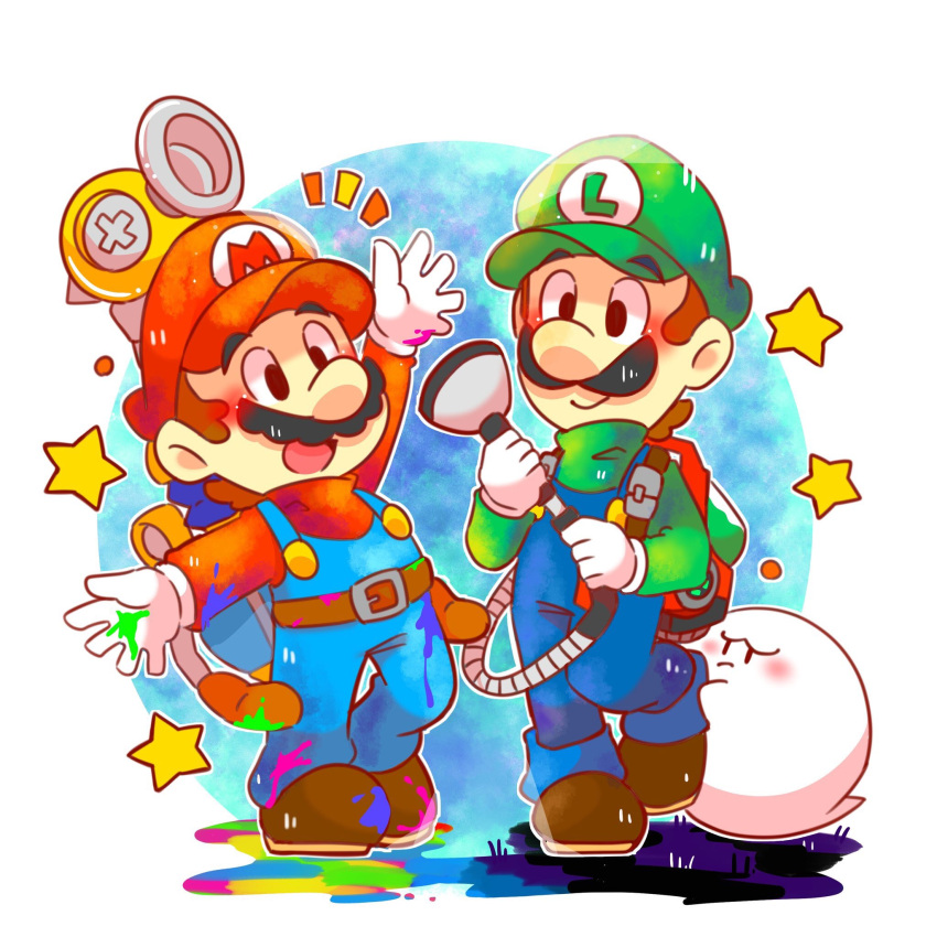 2boys, bangs, baseball_cap, black_eyes, boo_(mario), brothers, brown_footwear, brown_hair