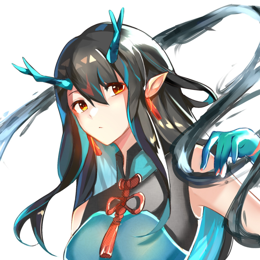 1girl, arknights, arm_tattoo, bare_shoulders, black_hair, colored_skin, dragon_horns, dress