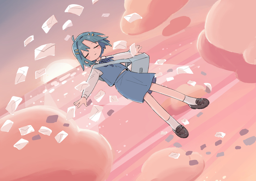 1girl, 1nupool, bag, blue_hair, blush_stickers, closed_eyes, clouds, commentary