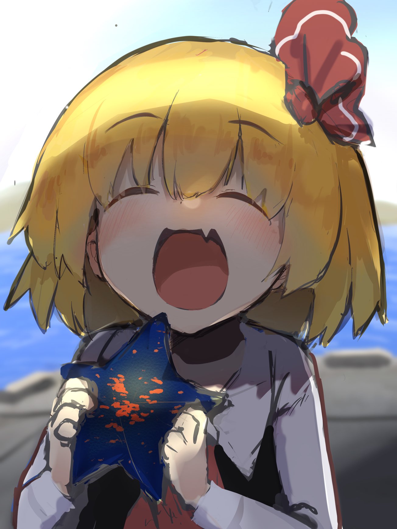 1girl, ascot, bangs, black_vest, blonde_hair, blurry, blurry_background, blush