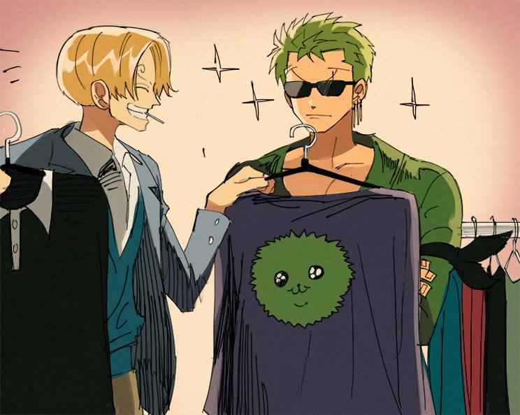 2boys, ^_^, blonde_hair, cigarette, closed_eyes, clothing_store, green_hair, grin
