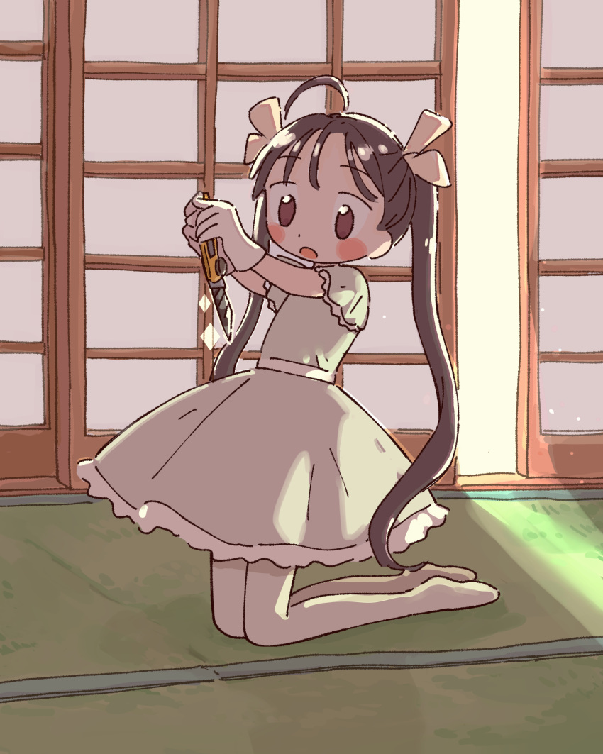 1girl, 1nupool, :o, ahoge, black_hair, boxcutter, commentary, dress