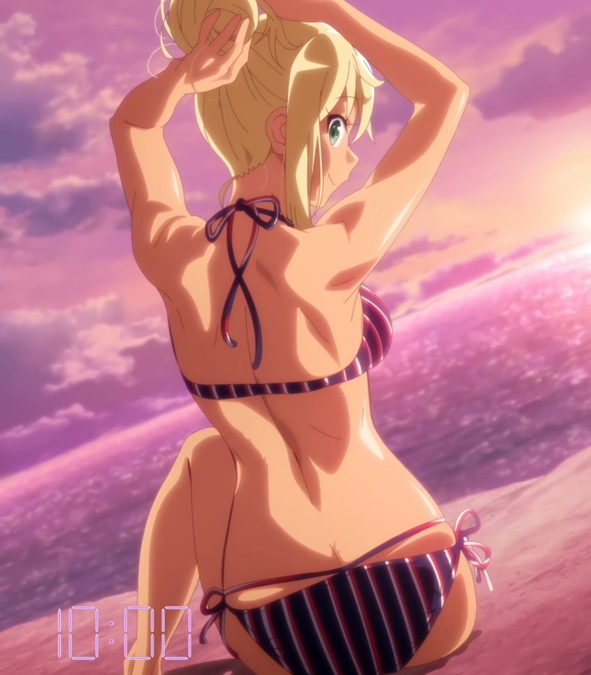 1girl, artist_request, bare_shoulders, bikini, blonde_hair, dark-skinned_female, dark_skin, dumbbell_nan_kilo_moteru?