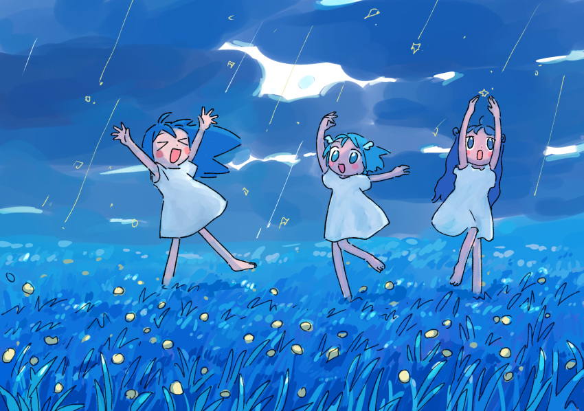 >_<, 1nupool, 3girls, :d, barefoot, blue_eyes, blue_hair, blush_stickers