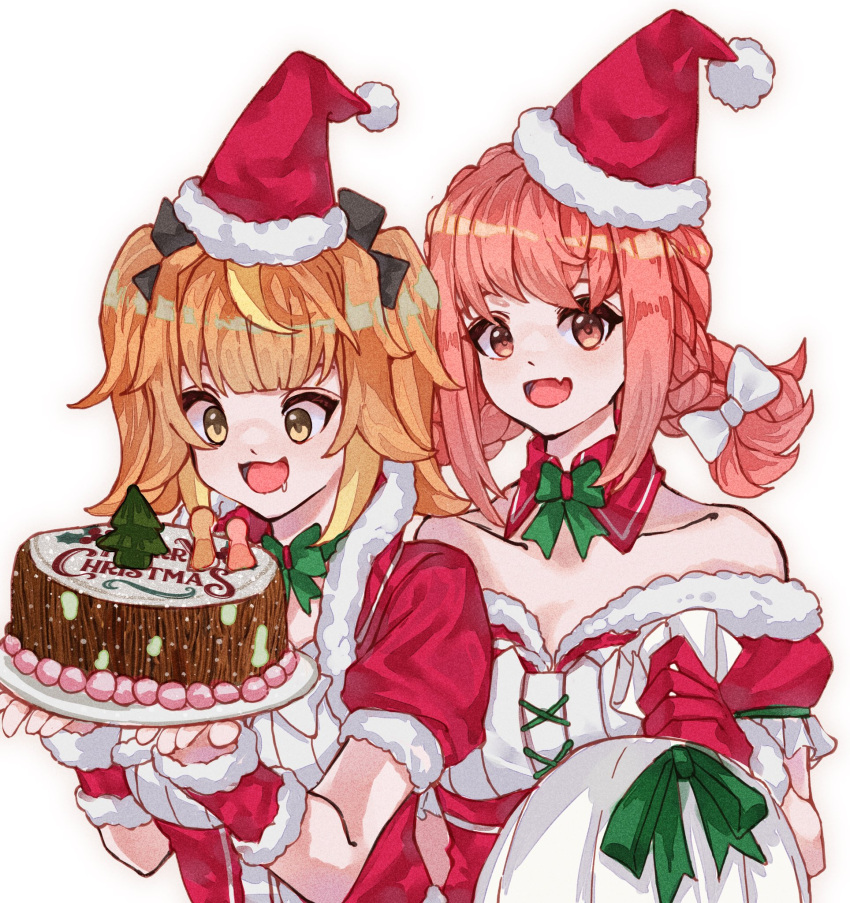 1girl, 2girls, akatsuki_banmai, bangs, blonde_hair, braid, breasts, cake