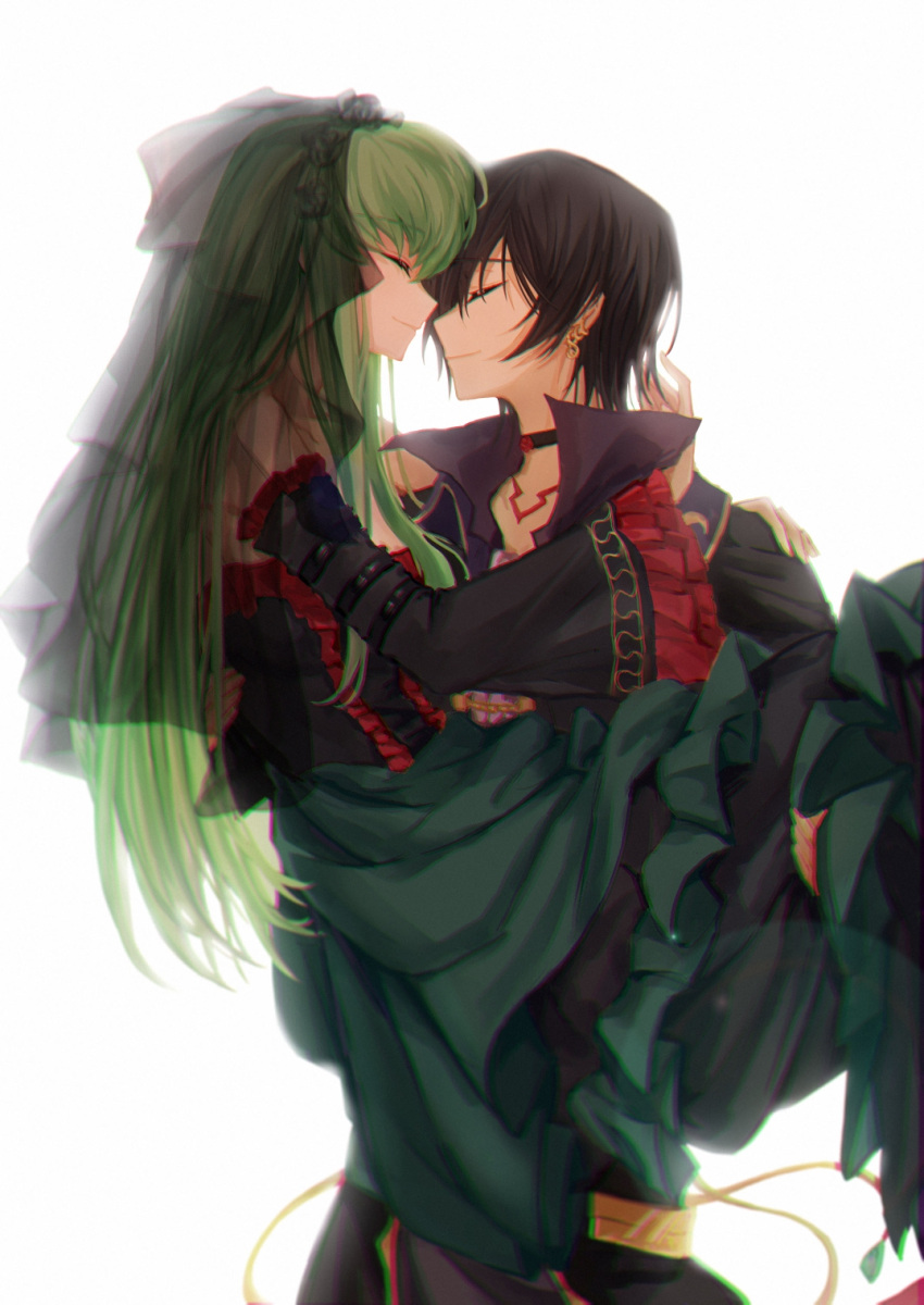 1boy, 1girl, backlighting, black_choker, black_dress, black_hair, black_sleeves, c.c.
