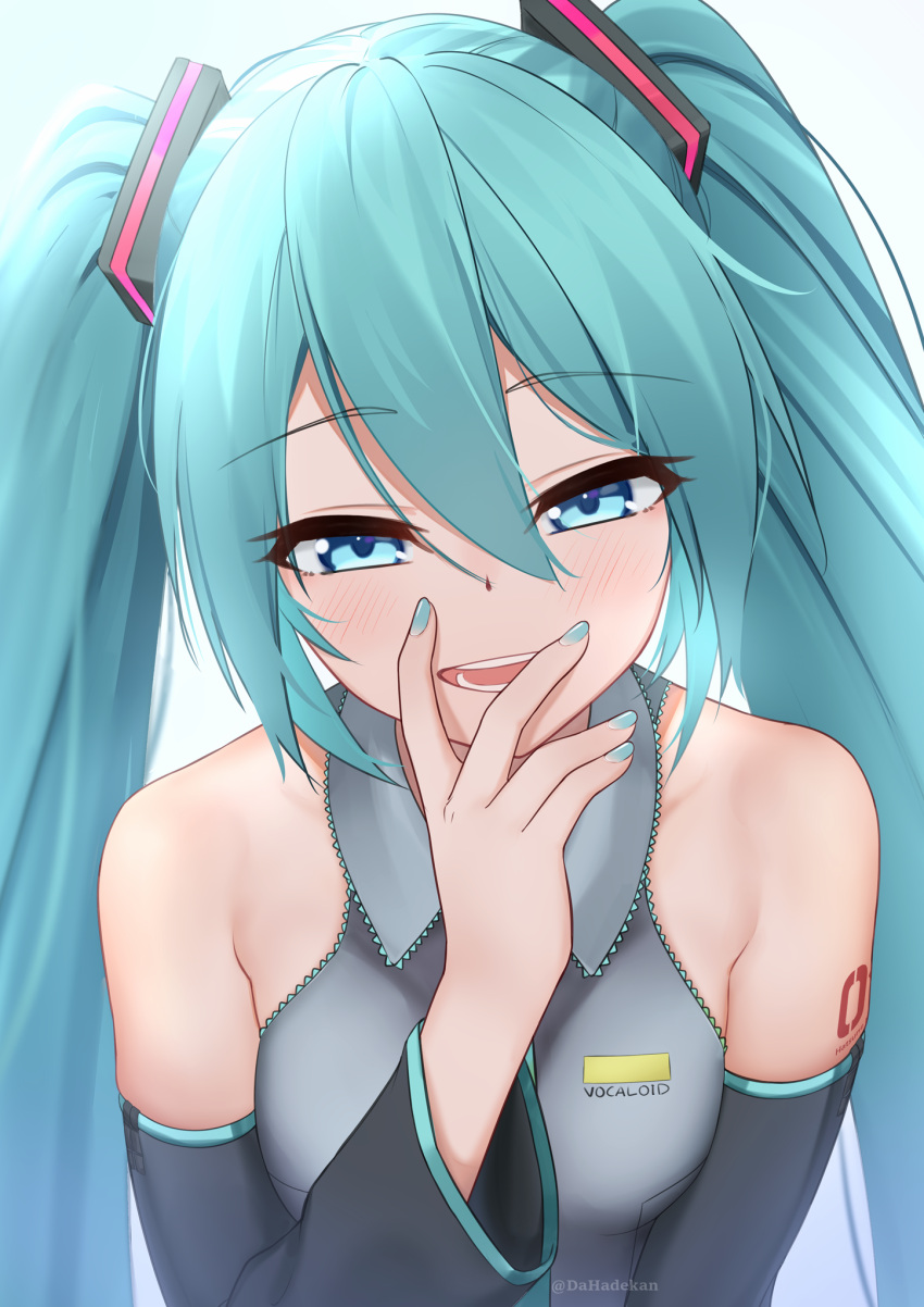 1girl, :d, arm_tattoo, bangs, black_sleeves, blue_eyes, blue_hair, blue_nails