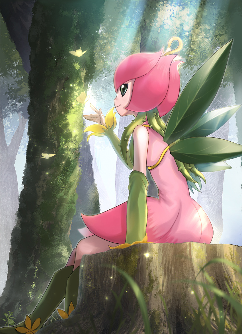 1girl, closed_mouth, day, detached_sleeves, digimon, dress, forest, green_eyes