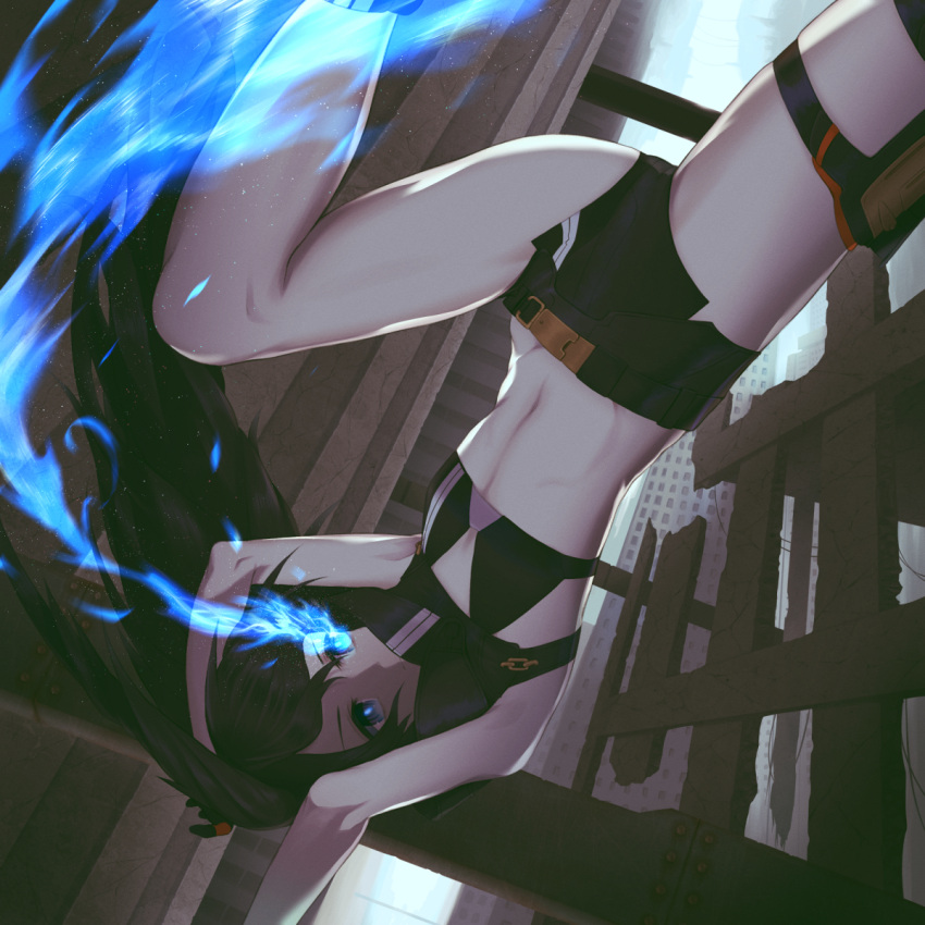 1girl, armpits, arms_up, bare_arms, bare_legs, bikini, bikini_top_only, black_bikini, black_gloves, black_hair, black_rock_shooter, black_rock_shooter_(character), black_rock_shooter_(dawn_fall), black_shorts, blue_eyes, closed_mouth, fire, flaming_eyes, flat_chest, floating_hair, gloves, highres, holster, jack09, long_hair, midriff, navel, outdoors, short_shorts, shorts, solo, stomach, swimsuit, thigh_holster, very_long_hair