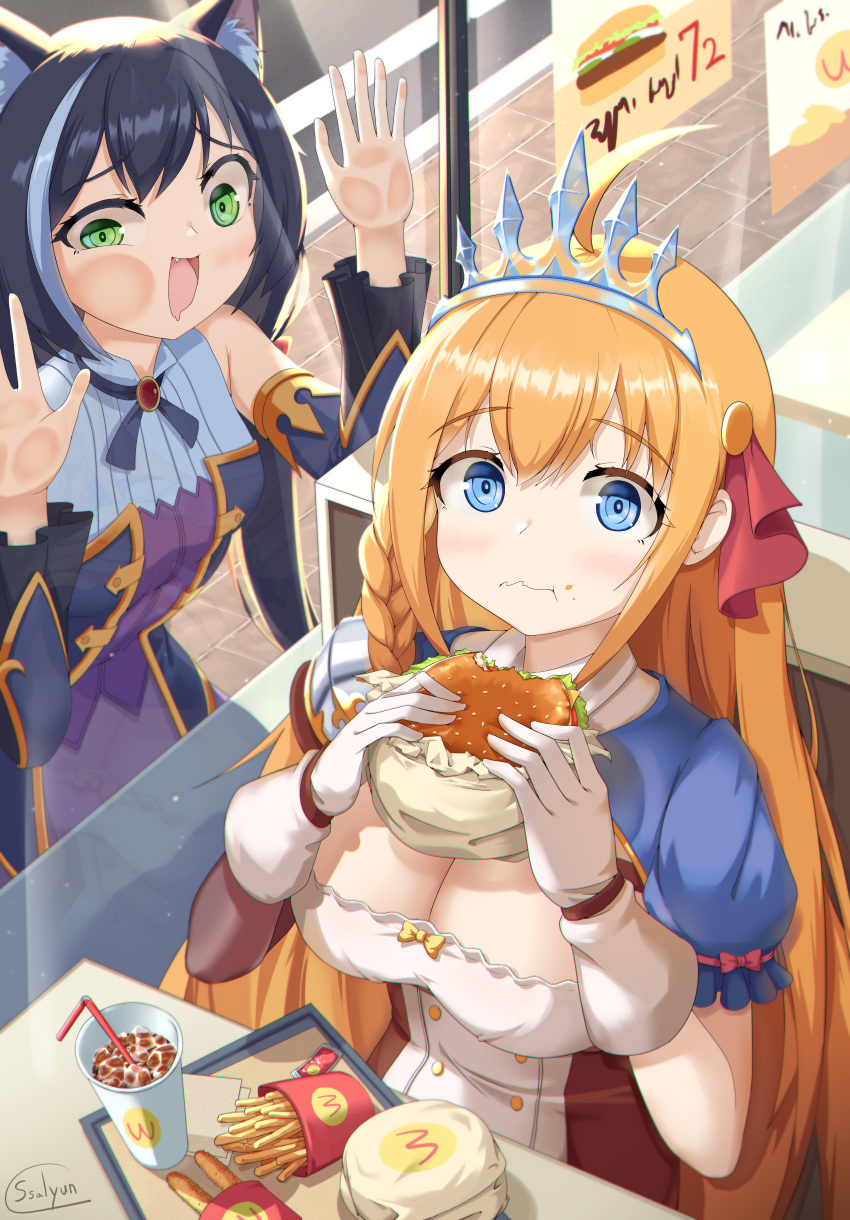 2girls, absurdres, ahoge, bangs, bare_shoulders, blue_eyes, burger, closed_mouth