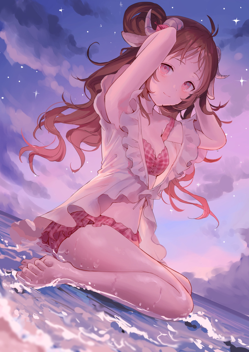 1girl, absurdres, animal_ears, antenna_hair, arknights, arms_up, bikini, blue_sky
