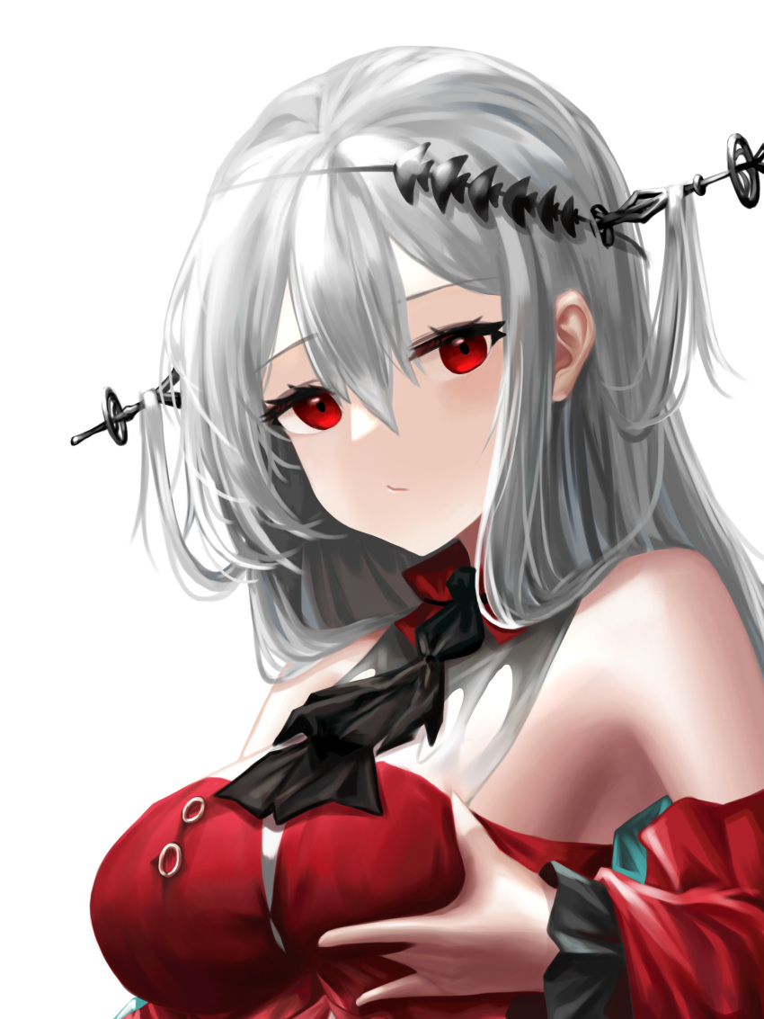 1girl, absurdres, aimpoleume, arknights, breasts, detached_sleeves, dress, grabbing_own_breast, hair_between_eyes, headgear, highres, large_breasts, looking_at_viewer, no_hat, no_headwear, official_alternate_costume, red_dress, red_eyes, red_sleeves, skadi_(arknights), skadi_the_corrupting_heart_(arknights), solo