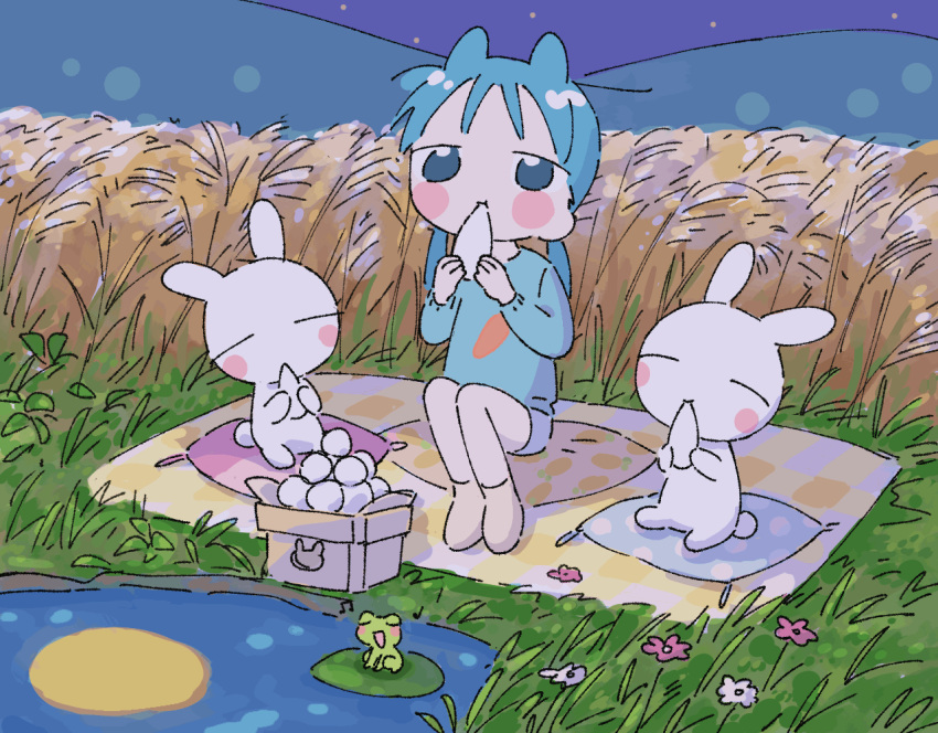1girl, 1nupool, :t, ^_^, animal, animal_ears, animated, animated_gif, ankle_socks, bangs, beamed_eighth_notes, blanket, blinking, blue_eyes, blue_hair, blue_shorts, blush_stickers, carrot_print, closed_eyes, closed_mouth, creature, cushion, dancing, dango, facing_viewer, flower, food, food_in_mouth, food_print, frog, full_body, full_moon, grass, hands_up, hill, holding, holding_food, knees_up, leaning_to_the_side, legs_together, lily_pad, long_hair, long_sleeves, looking_ahead, looping_animation, low_twintails, moon, music, musical_note, night, no_eyebrows, no_nose, no_pupils, no_shoes, on_grass, on_ground, open_mouth, original, outdoors, pink_flower, rabbit, reflection, reflective_water, sanbou, shorts, singing, sitting, smile, socks, star_(sky), tareme, tile_wall, tiles, tsukimi, tsukimi_dango, twintails, u_u, w_arms, wagashi, water, wheat, wheat_field, white_flower, white_legwear, zabuton