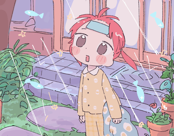 1girl, 1nupool, :o, animated, animated_gif, arms_at_sides, bangs, blanket, blinking, blush_stickers, brown_eyes, collared_shirt, cooling_pad, door, doormat, doorway, dot_nose, egg_print, feet_out_of_frame, fern, fish, floating_hair, flower_pot, food_print, from_side, grass, holding, holding_blanket, legs_together, long_sleeves, looking_up, looping_animation, no_pupils, open_mouth, original, outdoors, pajamas, pants, plaid, plaid_pants, plant, potted_plant, print_shirt, rain, rectangular_mouth, redhead, shirt, short_hair, short_twintails, solo, square_mouth, stairs, standing, surprised, surreal, tareme, twintails, what, wind, wing_collar, yellow_pajamas, yellow_pants, yellow_shirt
