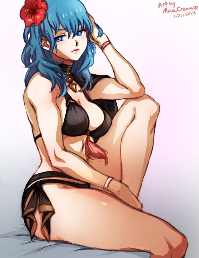 1girl, alternate_costume, artist_name, bangs, bare_legs, bikini, black_bikini, blue_eyes