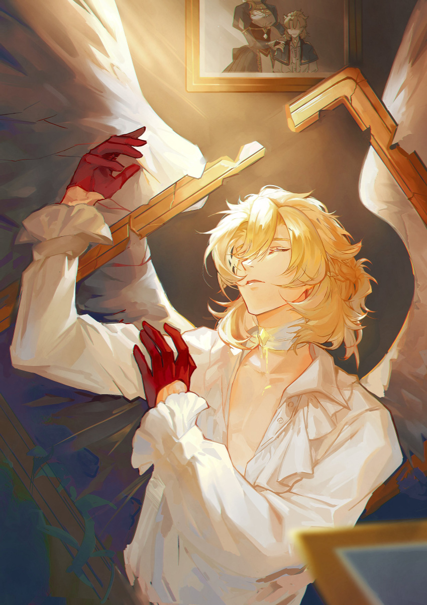 1boy, absurdres, albedo_(genshin_impact), angel, angel_wings, bandaged_neck, bandages, blonde_hair