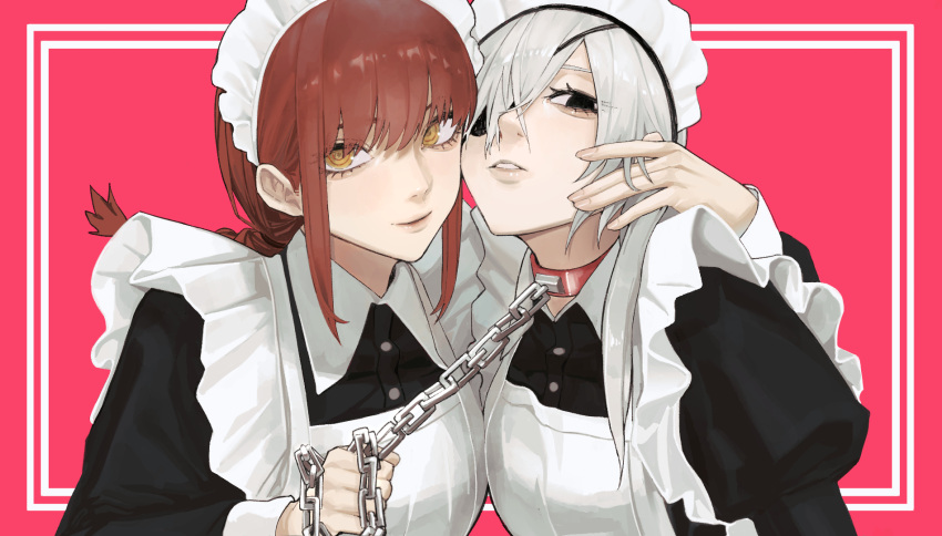 2girls, alternate_costume, animal_collar, apron, arm_around_shoulder, black_dress, black_eyes, braid, braided_ponytail, breasts, buttons, chain, chainsaw_man, closed_mouth, collar, collared_dress, commentary, dress, english_commentary, enmaided, eyelashes, eyepatch, hair_between_eyes, highres, leash, lips, long_hair, long_sleeves, looking_at_viewer, maid, maid_headdress, makima_(chainsaw_man), medium_breasts, medium_hair, multiple_girls, one_eye_covered, parted_lips, puffy_long_sleeves, puffy_sleeves, quanxi_(chainsaw_man), red_background, red_collar, redhead, ringed_eyes, sailen0, sidelocks, simple_background, smile, upper_body, white_apron, wing_collar, yellow_eyes