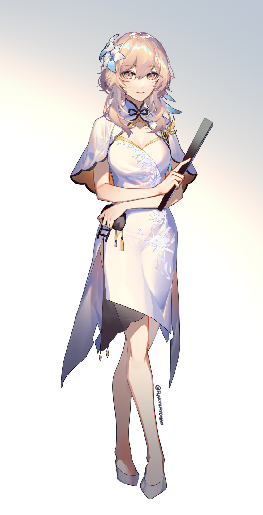 1girl, absurdres, blonde_hair, bob_cut, china_dress, chinese_clothes, coin_purse, dress
