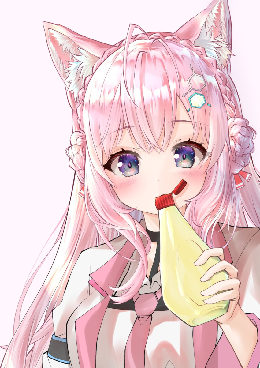 1girl, animal_ear_fluff, animal_ears, bangs, blue_eyes, bottle, braid, braided_bun
