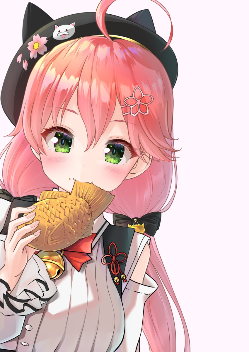 1girl, ahoge, bangs, black_headwear, blush, breasts, eating, eyebrows_visible_through_hair, flower, food, food_in_mouth, food_on_face, green_eyes, hair_between_eyes, hair_flower, hair_ornament, hat, highres, holding, holding_food, hololive, long_hair, long_sleeves, looking_at_viewer, memeri, pink_hair, sakura_miko, shirt, solo, taiyaki, twintails, upper_body, virtual_youtuber, wagashi, white_shirt