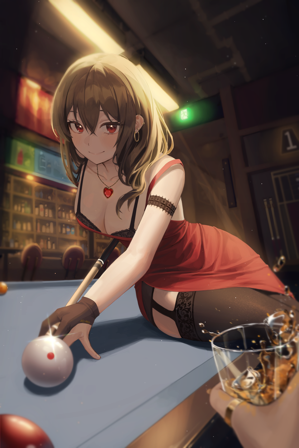 1girl, ball, bar, billiard_ball, billiards, black_bra, black_legwear, black_panties, blush, bra, breasts, brown_hair, cocktail_dress, collarbone, cue_stick, dress, earrings, garter_straps, highres, jewelry, kongsi, lace, lace-trimmed_legwear, lace_bra, lace_trim, large_breasts, long_hair, looking_at_viewer, original, panties, pendant, pool_table, red_dress, red_eyes, revision, side_slit, sitting, sleeveless, sleeveless_dress, solo, spaghetti_strap, strapless, strapless_dress, thigh-highs, underwear
