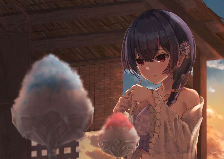 1girl, absurdres, artificial_flower, bangs, bare_shoulders, beach_house, bikini, blush