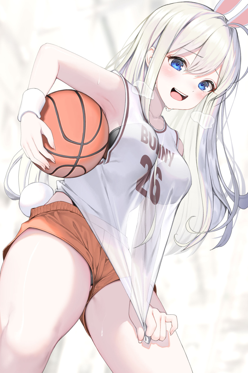 1girl, :d, absurdres, animal_ears, bangs, basketball, basketball_jersey, black_leotard