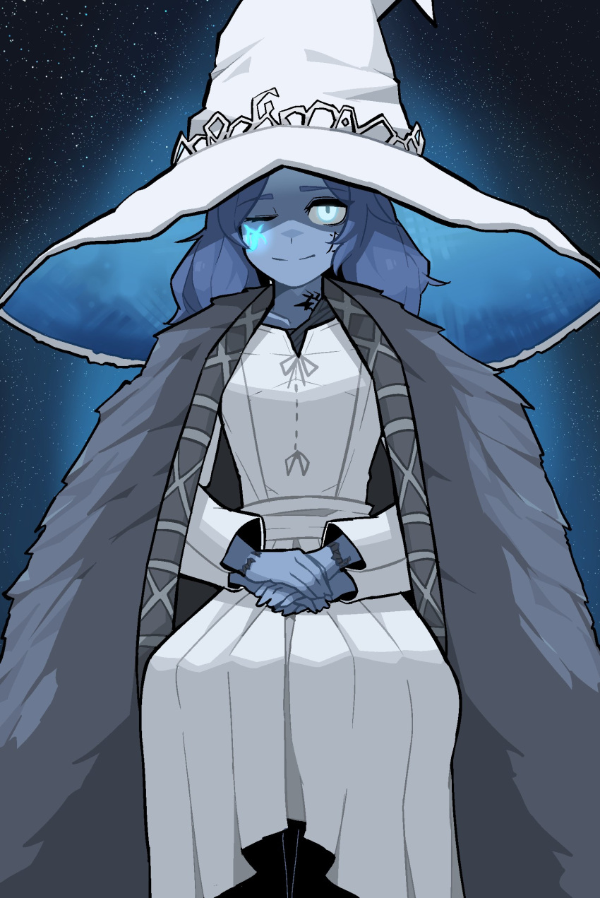 1girl, absurdres, blue_eyes, blue_hair, blue_skin, cape, closed_mouth, colored_skin, crack, cracked_skin, dress, elden_ring, extra_arms, fur_coat, hat, highres, jewelry, long_hair, looking_at_viewer, min_lona, one_eye_closed, own_hands_together, ranni_the_witch, ring, smile, solo, wavy_hair, witch, witch_hat
