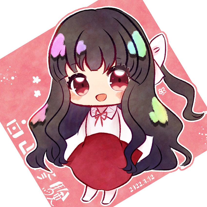anniversary, bangs, barefoot, black_hair, blunt_bangs, blush, chibi, collared_shirt