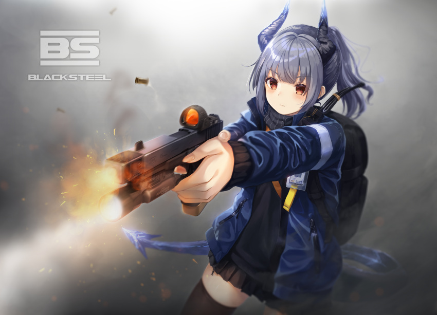 1girl, absurdres, arknights, dragon_girl, dragon_horns, dragon_tail, enpera_(jdud8375), finger_on_trigger