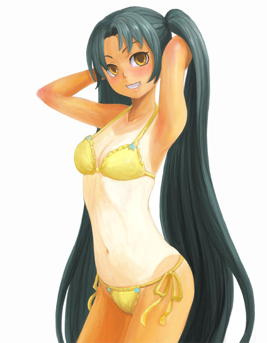 fang, green_hair, grin, ikara, long_hair, smile, suzumiya_haruhi_no_yuuutsu, swimsuit, tan, tanline, tsuruya, twintails, yellow_eyes