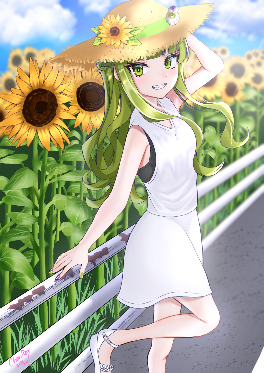 1girl, absurdres, arm_up, blue_sky, blurry, blurry_background, braid, chanraykotomine, day, dress, flower, green_eyes, green_hair, green_nails, hat, hat_flower, hat_ornament, highres, long_hair, looking_at_viewer, original, osanai_(shashaki), outdoors, purple_nails, railing, sharp_teeth, sky, solo, standing, sun_hat, sunflower, teeth, white_dress, white_footwear