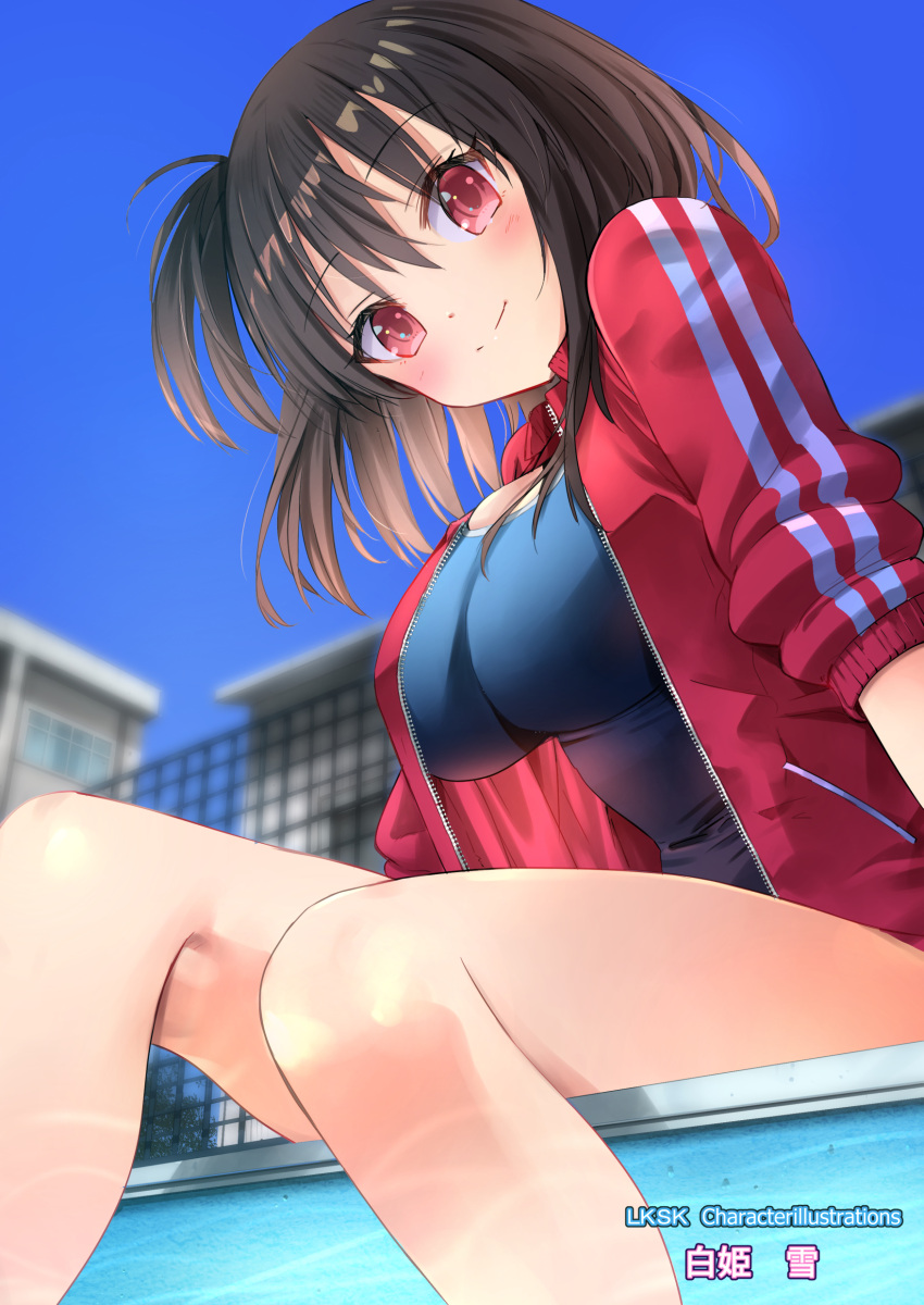 1girl, absurdres, artist_name, bangs, black_hair, blue_sky, blue_swimsuit, blush