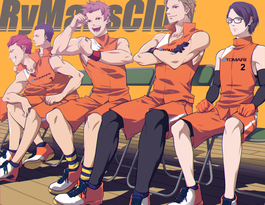 5boys, :d, ataka_takeru, black_gloves, black_hair, black_legwear, brown_hair, chair