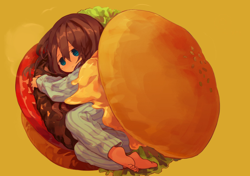 1girl, barefoot, blue_eyes, brown_hair, burger, cheese, cloneko_(zelmeledf2), food