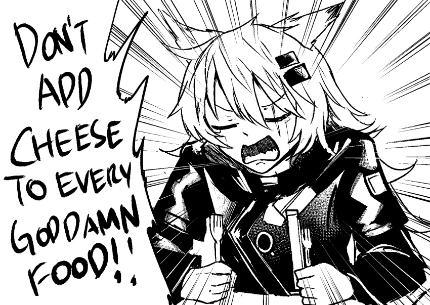 1girl, animal_ears, arknights, bangs, closed_eyes, emphasis_lines, eyebrows_visible_through_hair, fork