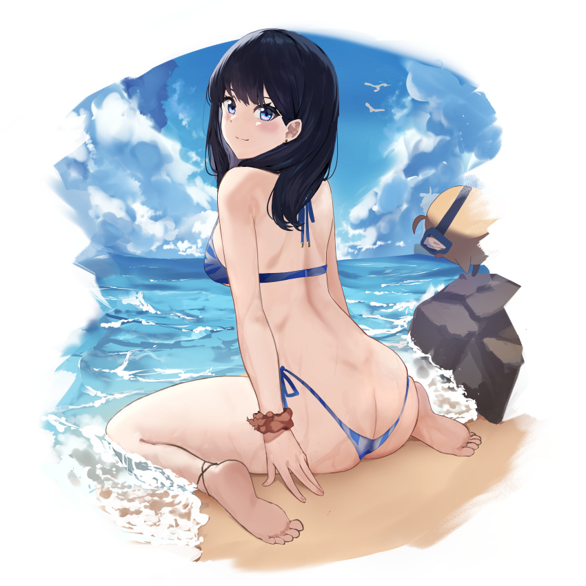 1girl, absurdres, anklet, arigiep, ass, azur_lane, barefoot, beach, bikini, bird, black_hair, blue_bikini, blue_eyes, breasts, feet, from_behind, gridman_universe, highres, jewelry, looking_back, manjuu_(azur_lane), medium_breasts, ocean, scrunchie, sitting, smile, soles, ssss.gridman, swimsuit, takarada_rikka, toes, wariza, wrist_scrunchie